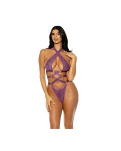 Camille Lace Halter Teddy with Lace Up Details - Purple